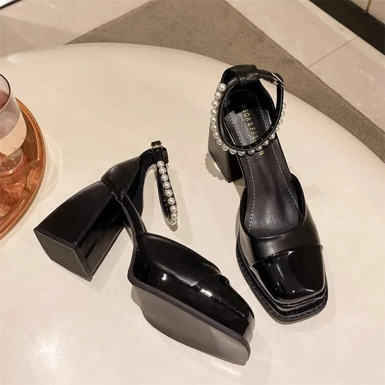 Mary Jane Pearl Chunky Heels
