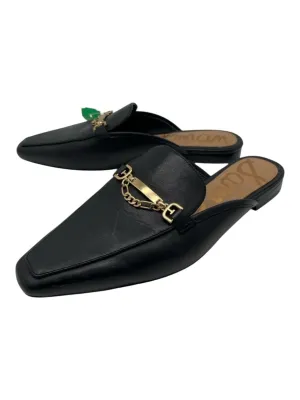 Sam Edelman Shoe Size 7.5 Black Leather GHW Chain Detail Square Toe Mules
