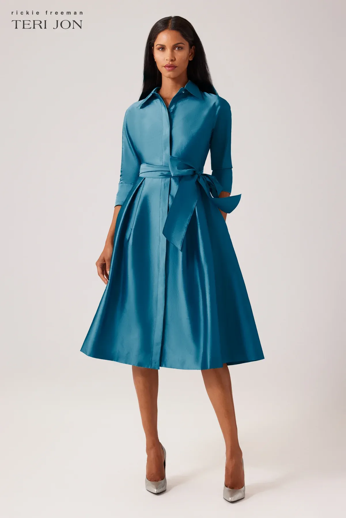 Teri Jon 3/4 Sleeve Belted Taffeta Shirtdress 69224