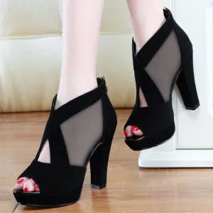 Women peep toe hollow back zipper chunky heel boots
