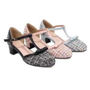 Women's Lattice Fabric Bow Tie T Strap Block Chunky Heel Sandals
