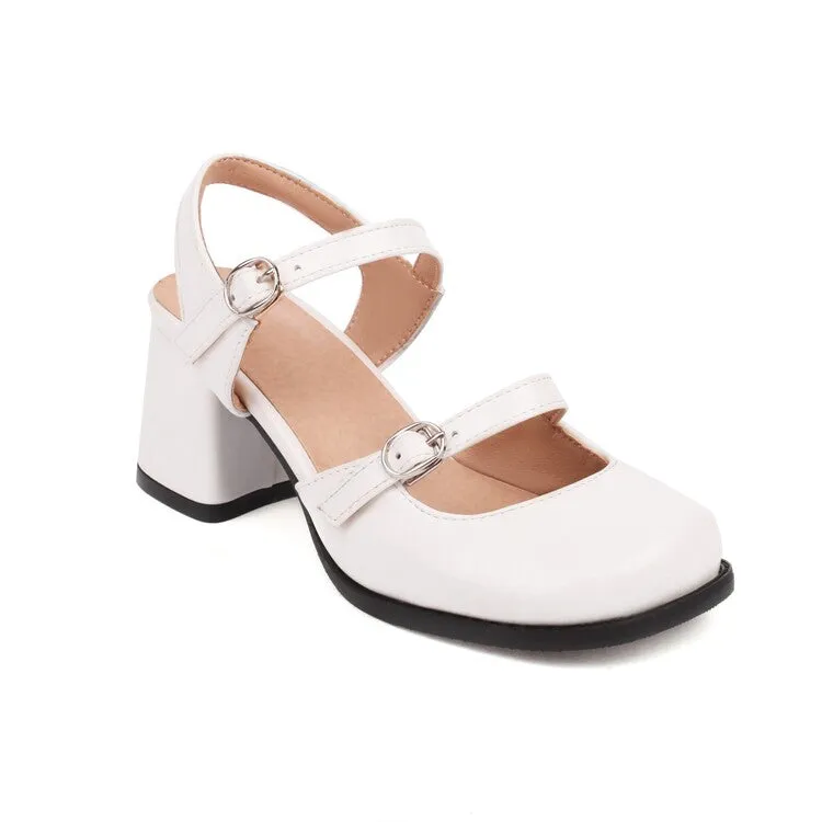 Women's Square Toe Shallow Buckle Straps Mary Janes Block Chunky Heel Platform Sandals