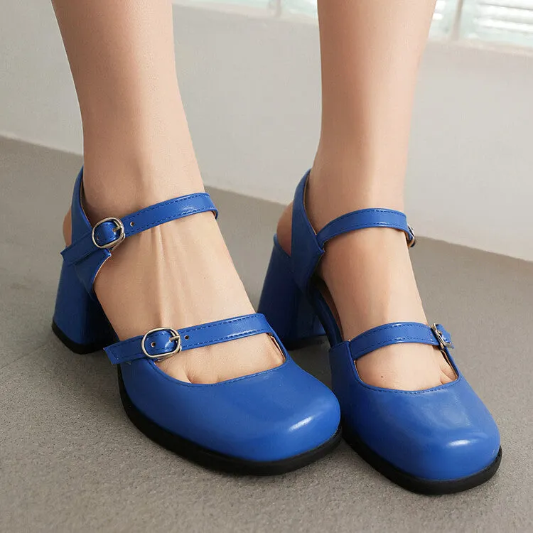 Women's Square Toe Shallow Buckle Straps Mary Janes Block Chunky Heel Platform Sandals