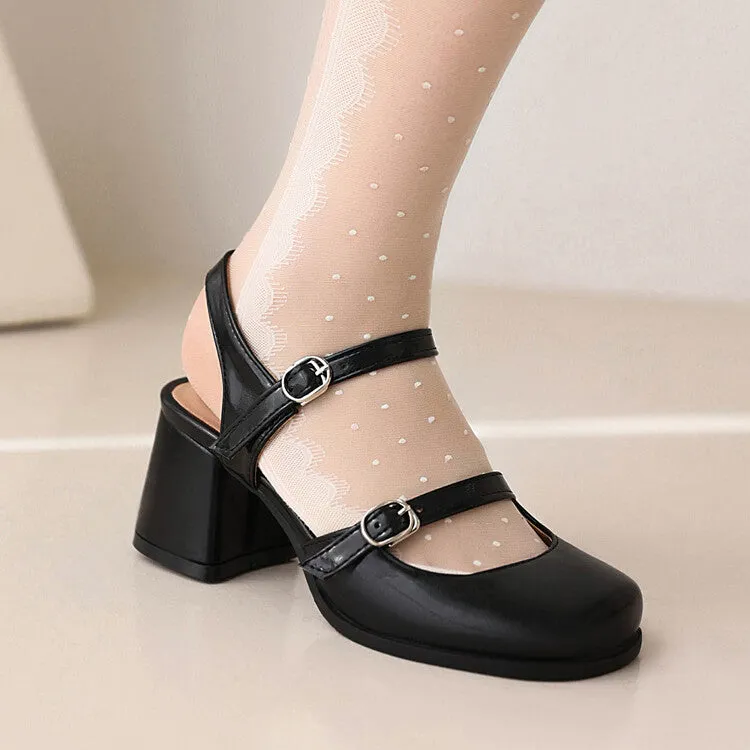 Women's Square Toe Shallow Buckle Straps Mary Janes Block Chunky Heel Platform Sandals