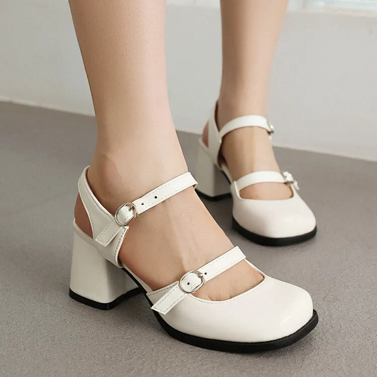 Women's Square Toe Shallow Buckle Straps Mary Janes Block Chunky Heel Platform Sandals