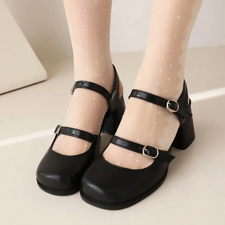 Women's Square Toe Shallow Buckle Straps Mary Janes Block Chunky Heel Platform Sandals