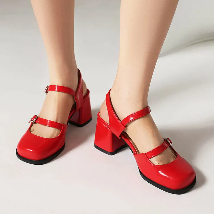 Women's Square Toe Shallow Buckle Straps Mary Janes Block Chunky Heel Platform Sandals