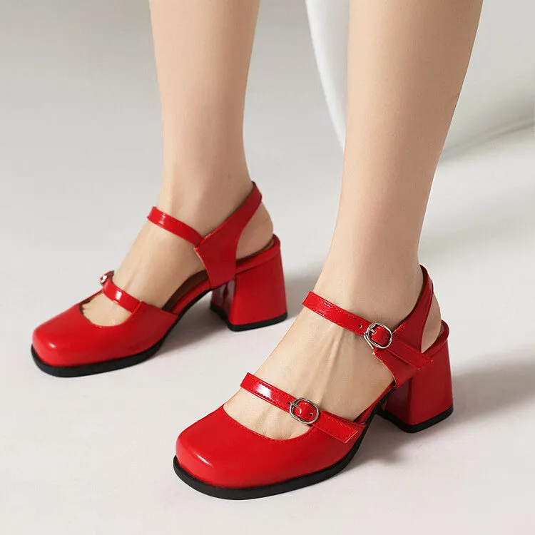 Women's Square Toe Shallow Buckle Straps Mary Janes Block Chunky Heel Platform Sandals
